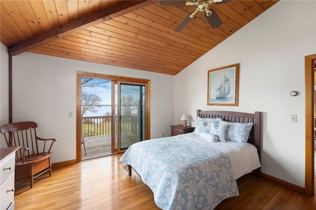 bedroom with light wood-type flooring, baseboards, vaulted ceiling, access to exterior, and wooden ceiling