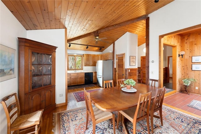 dining space with wooden ceiling, ceiling fan, wood finished floors, vaulted ceiling, and wood walls