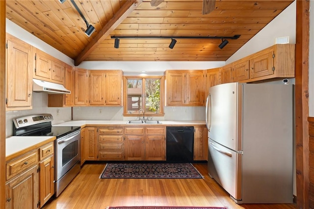 kitchen with wood ceiling, appliances with stainless steel finishes, under cabinet range hood, a sink, and vaulted ceiling with beams