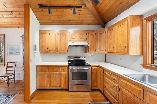 kitchen featuring stainless steel electric stove, ventilation hood, wooden ceiling, light countertops, and light wood finished floors
