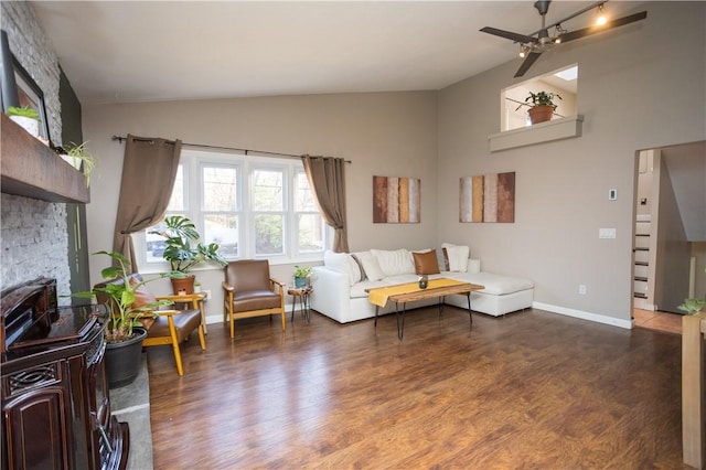 67 Highwood Dr, Coventry, RI 02816 - living room with baseboards, wood finished floors, a ceiling fan, and high vaulted ceiling