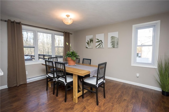 67 Highwood Dr, Coventry, RI 02816 - dining room featuring dark wood-style flooring, baseboards, and a baseboard radiator