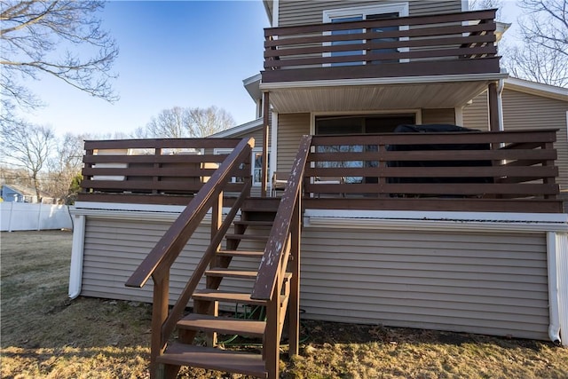67 Highwood Dr, Coventry, RI 02816 - back of house featuring stairs, fence, a wooden deck, and a balcony
