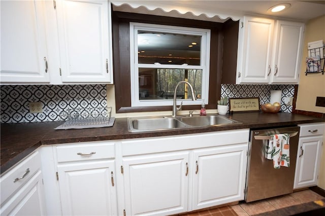 67 Highwood Dr, Coventry, RI 02816 - kitchen with a sink, white cabinets, dark countertops, and dishwasher