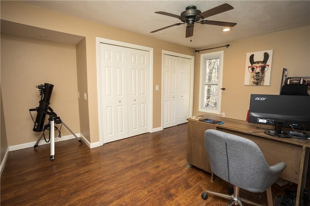 67 Highwood Dr, Coventry, RI 02816 - office featuring recessed lighting, baseboards, a ceiling fan, and dark wood finished floors