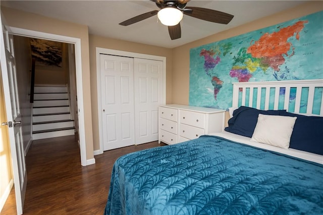 67 Highwood Dr, Coventry, RI 02816 - bedroom with a ceiling fan, baseboards, dark wood-type flooring, and a closet