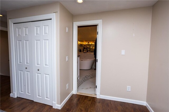 67 Highwood Dr, Coventry, RI 02816 - hallway with baseboards, dark wood-style floors, and recessed lighting