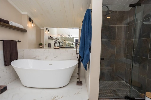 67 Highwood Dr, Coventry, RI 02816 - bathroom featuring a freestanding bath, marble finish floor, a shower stall, and ornamental molding