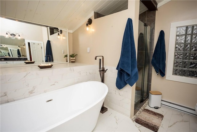 67 Highwood Dr, Coventry, RI 02816 - bathroom featuring vaulted ceiling, marble finish floor, a stall shower, and a freestanding tub