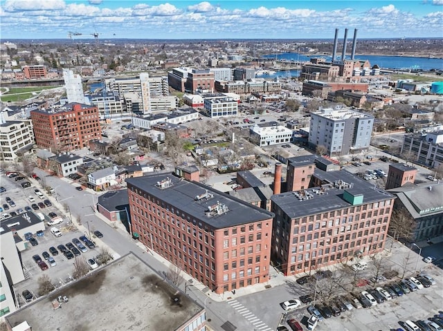 bird's eye view with a water view and a view of city