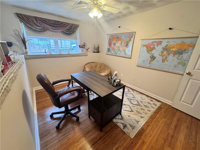 office with wood finished floors, ceiling fan, visible vents, and baseboards