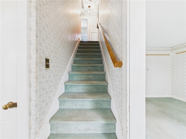 23 Rockland Dr, South Kingstown, RI 02879 - stairway featuring wallpapered walls and carpet flooring