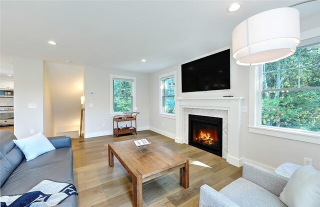 137 Rosebriar Ave, South Kingstown, RI 02879 - living area featuring recessed lighting, light wood finished floors, a glass covered fireplace, and baseboards