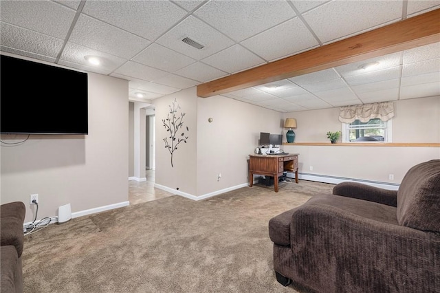 carpeted living room featuring visible vents, baseboards, baseboard heating, and a paneled ceiling