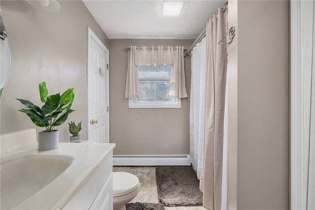 bathroom with toilet, a baseboard radiator, curtained shower, baseboards, and vanity