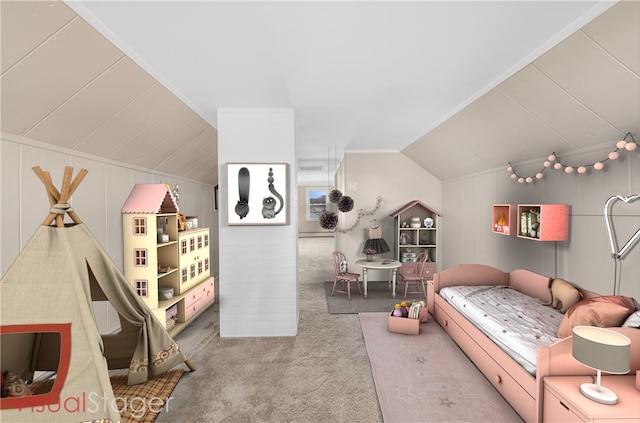 carpeted bedroom featuring vaulted ceiling