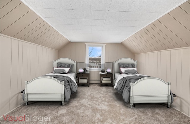 bedroom with carpet flooring, wooden walls, and lofted ceiling