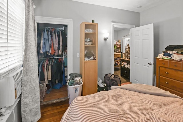 bedroom featuring a closet, a spacious closet, and dark wood finished floors