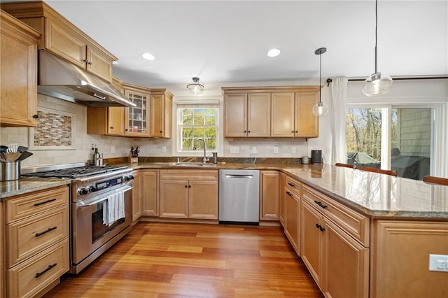 kitchen featuring a peninsula, under cabinet range hood, a sink, light wood-style flooring, and stainless steel appliances