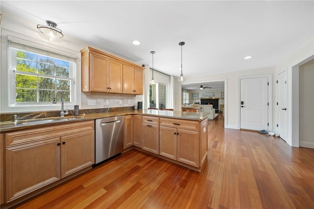 kitchen with stainless steel dishwasher, a peninsula, wood finished floors, plenty of natural light, and a sink