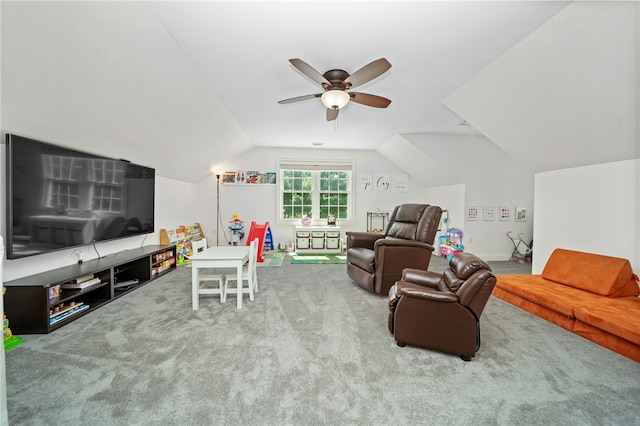 game room with carpet floors, ceiling fan, and lofted ceiling