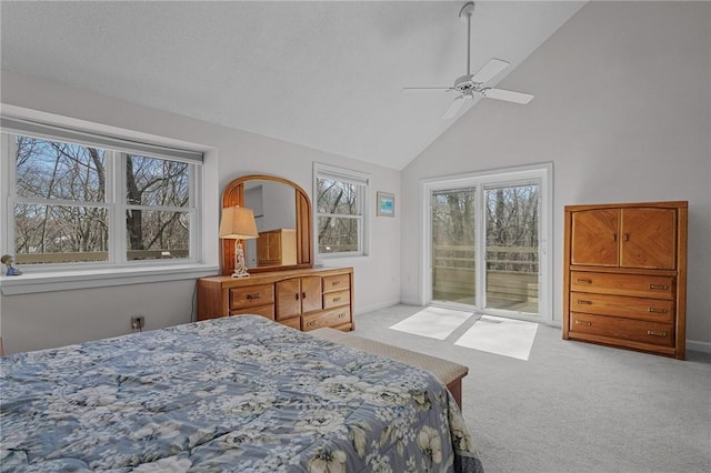 bedroom featuring baseboards, carpet floors, high vaulted ceiling, and access to outside