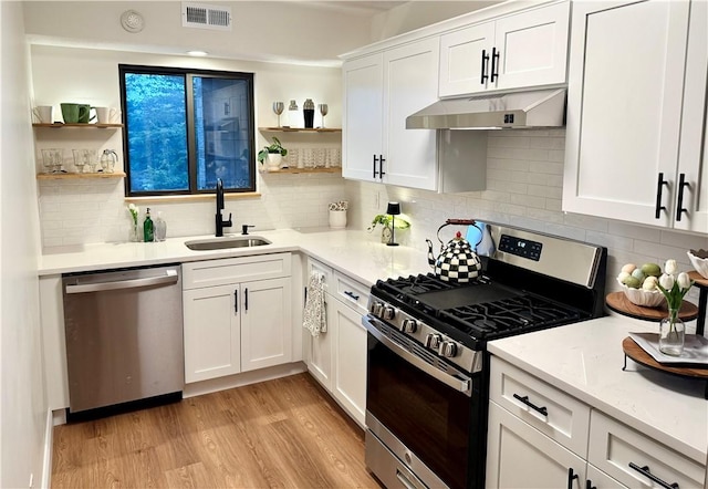kitchen with open shelves, visible vents, appliances with stainless steel finishes, under cabinet range hood, and a sink