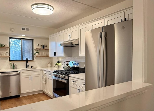 kitchen with a sink, open shelves, under cabinet range hood, and stainless steel appliances