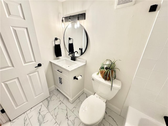 bathroom featuring vanity, baseboards, toilet, visible vents, and marble finish floor