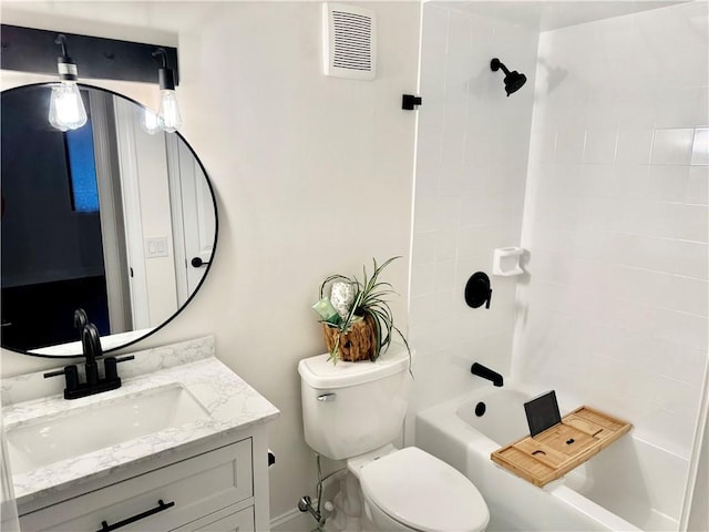 bathroom featuring shower / bath combination, vanity, visible vents, and toilet