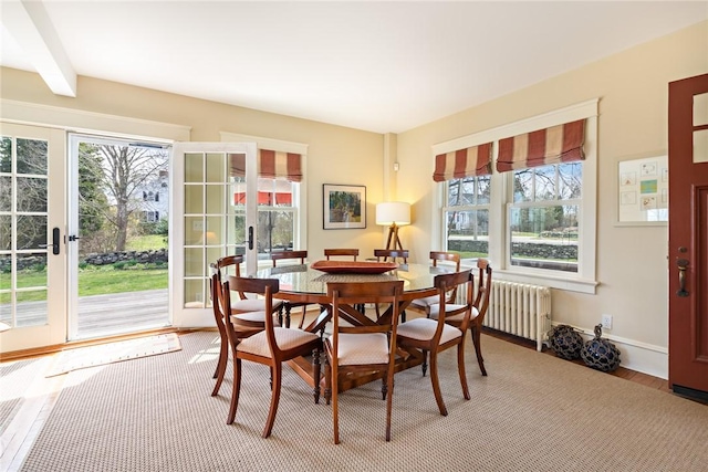 dining room featuring radiator heating unit, french doors, light wood finished floors, and plenty of natural light
