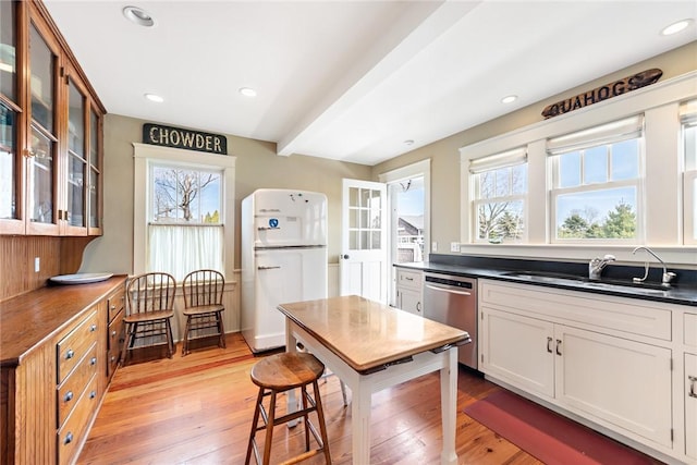 kitchen with plenty of natural light, stainless steel dishwasher, freestanding refrigerator, and a sink