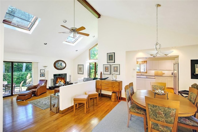 21 Fesser Ave, Bristol, RI 02809 - dining space featuring high vaulted ceiling, a skylight, a glass covered fireplace, light wood-style floors, and ceiling fan