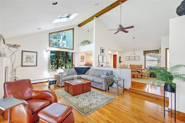 21 Fesser Ave, Bristol, RI 02809 - living room featuring light wood finished floors, a ceiling fan, baseboard heating, a skylight, and high vaulted ceiling