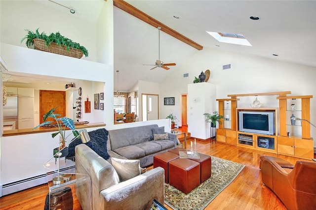 21 Fesser Ave, Bristol, RI 02809 - living area with a baseboard radiator, a ceiling fan, wood finished floors, a skylight, and beamed ceiling