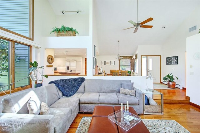 21 Fesser Ave, Bristol, RI 02809 - living room featuring high vaulted ceiling, a ceiling fan, wood finished floors, and visible vents