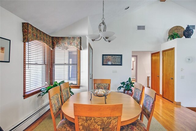 21 Fesser Ave, Bristol, RI 02809 - dining space featuring a baseboard heating unit, visible vents, light wood finished floors, and a notable chandelier