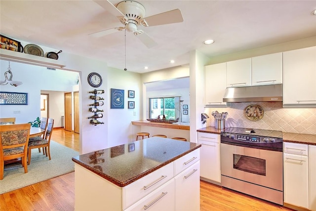 21 Fesser Ave, Bristol, RI 02809 - kitchen featuring stainless steel electric stove, light wood-type flooring, backsplash, ceiling fan, and under cabinet range hood