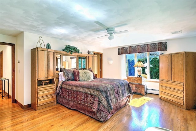 21 Fesser Ave, Bristol, RI 02809 - bedroom featuring baseboard heating, ceiling fan, visible vents, and light wood-type flooring