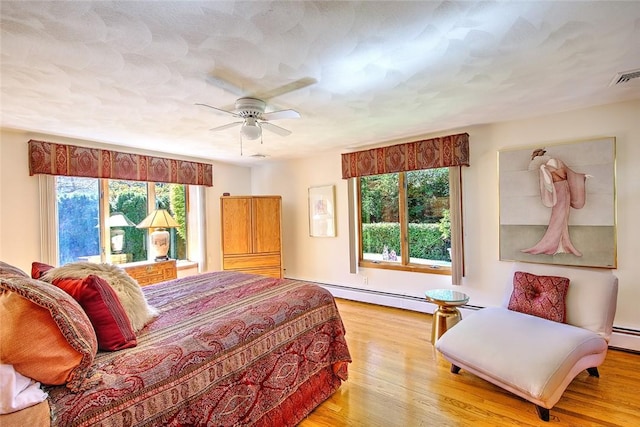 21 Fesser Ave, Bristol, RI 02809 - bedroom featuring a baseboard heating unit, a ceiling fan, light wood-style floors, and visible vents