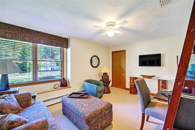 21 Fesser Ave, Bristol, RI 02809 - carpeted living area with baseboard heating, ceiling fan, and visible vents