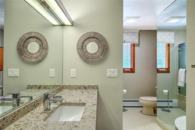21 Fesser Ave, Bristol, RI 02809 - full bath with a baseboard radiator, an enclosed shower, toilet, and baseboards