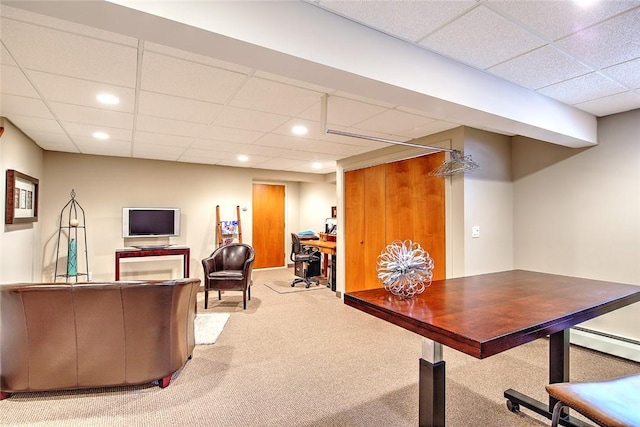 21 Fesser Ave, Bristol, RI 02809 - office with a baseboard radiator, a paneled ceiling, recessed lighting, and light colored carpet