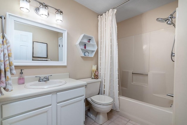 bathroom featuring shower / tub combo, tile patterned flooring, vanity, and toilet