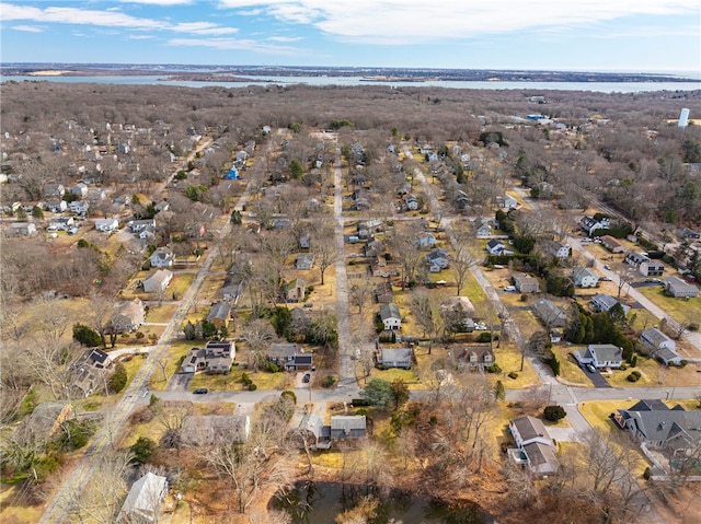 aerial view featuring a water view and a residential view
