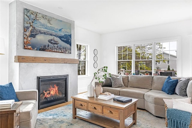living room with a glass covered fireplace and wood finished floors
