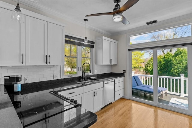 kitchen with white cabinets, dishwasher, a ceiling fan, and a sink