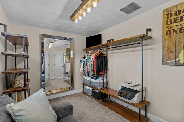 walk in closet featuring visible vents and carpet