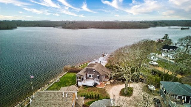 bird's eye view with a water view