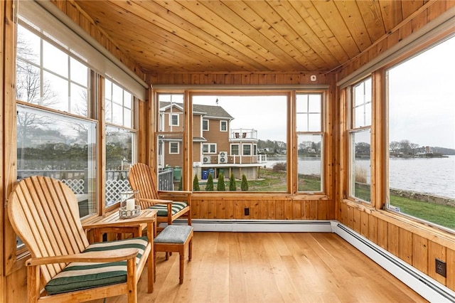 sunroom / solarium with a baseboard radiator, a healthy amount of sunlight, and a water view